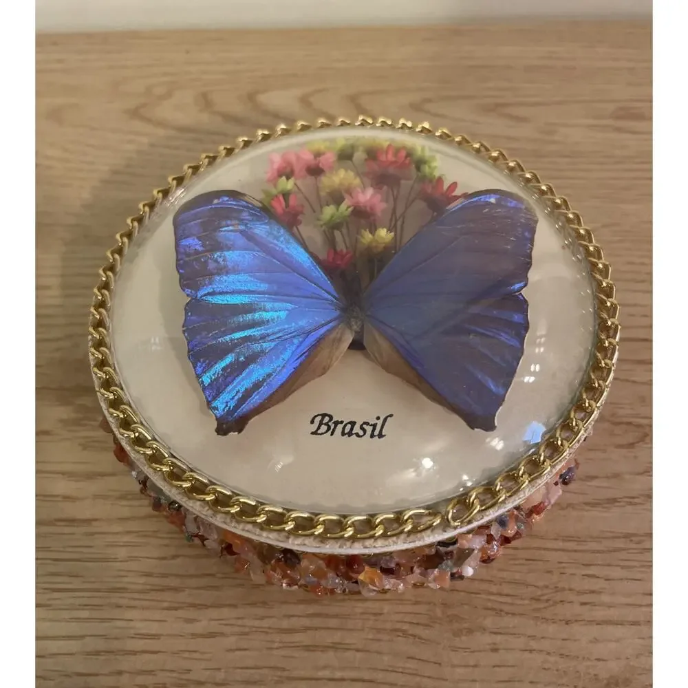 VTG 4.25” Real Morpho Butterfly & Flowers Brazil Souvenir Jewelry Trinket Box
